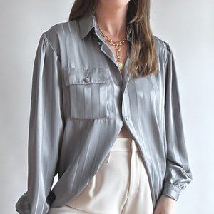 Vintage Grey Striped Satin Blouse